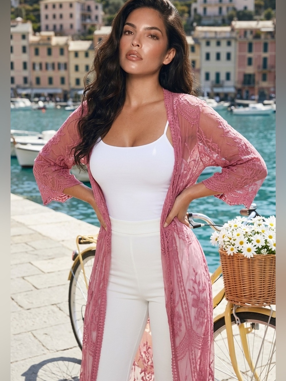 Sheer Pink Lace Duster Kimono